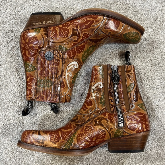 New Rock Leather Ankle Boots Womens 39 US 8 Floral Tooled Western M-GY501C-C3 - Picture 2 of 10